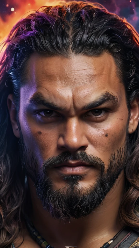 close-up, facial portrait, Jason Momoa as Conan the Barbarian, extremely colorful, multicolored lightning, outer space, planets, stars, galaxies, fire, explosions, smoke, volcanic lava, craggy mountain peaks in the background, professional quality, studio grade, highly detailed, 32k UHD, 1080p, hyper realistic, photorealistic, realistic, lifelike, 1200ppi, 2000dpi, highly detailed, extremely sharp, vibrant, colorful, well lit, cinematic, full field of depth, professional quality, professional quality, Hyper detail, sharp, vibrant, extremely colorful, lively,