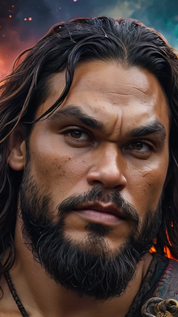 close-up, facial portrait, Jason Momoa as Conan the Barbarian, extremely colorful, multicolored lightning, outer space, planets, stars, galaxies, fire, explosions, smoke, volcanic lava, craggy mountain peaks in the background, professional quality, studio grade, highly detailed, 32k UHD, 1080p, hyper realistic, photorealistic, realistic, lifelike, 1200ppi, 2000dpi, highly detailed, extremely sharp, vibrant, colorful, well lit, cinematic, full field of depth, professional quality, professional quality, Hyper detail, sharp, vibrant, extremely colorful, lively,