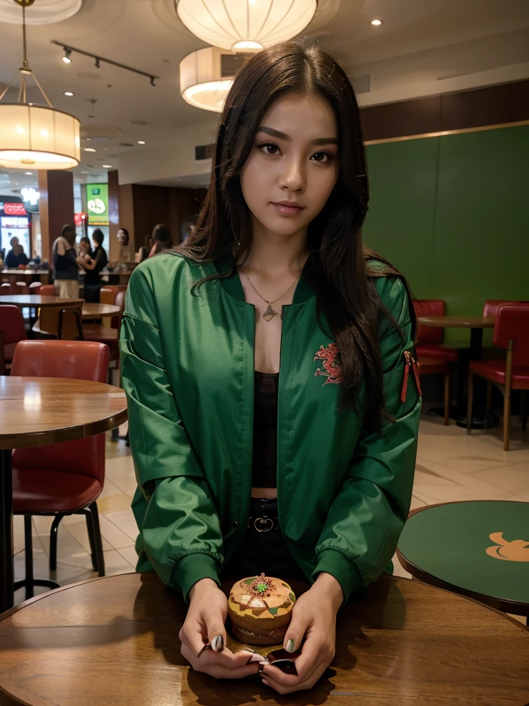 a beautiful woman with straight hair, wearing an open black Korean jacket, On his chest, a tattoo of a circular dragon in red combined with bright green is clearly visible, the tail is in the center, mall cafe table background, 8K UHD picture, Realistic