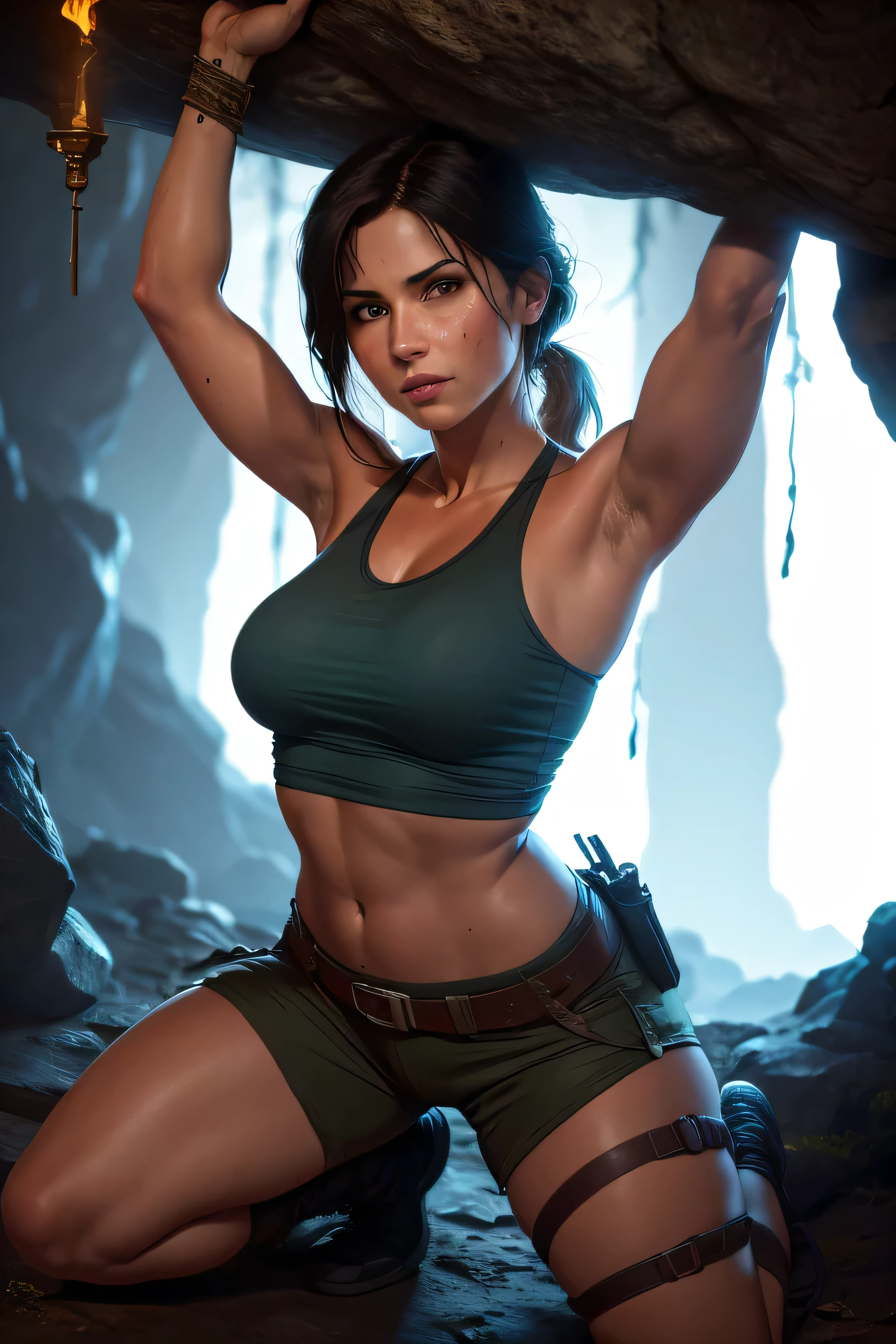 Create a realistic image of Lara Croft discovering an golden key while standing on the top of a view point in an underground cave. Lara is wearing her classic Tomb Raider outfit: a light blue tank top, cargo shorts, sturdy boots. She is illuminated by the light from her golden key, which casts flickering shadows on the cave walls. The cave is filled with intricate carvings, ancient symbols, and stalactites hanging from the ceiling. Lara is kneeling or bending down, opening a door with a golden key. The golden key is a detailed. perfect face, ultra detailed face, perfect brown eyes, beautiful face, perfect anatomy. Additional Details: Background: Underground cave with intricate carvings, ancient symbols, stalactites, and shadows cast by the torchlight. Artifact: Detailed, mysterious object from one of the Tomb Raider games (e.g., Scion, Dagger of Xian). Lighting: it's dark, night time, Flickering torchlight illuminating the scene, creating dramatic shadows and a sense of mystery. (8k, RAW photo, best quality, masterpiece:1.2),ultra-detailed, (high detailed skin:1.2), 8k uhd, dslr, soft lighting, high quality