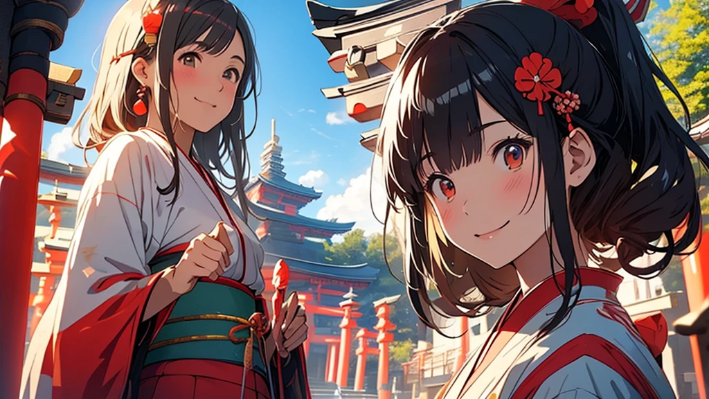A quiet Japanese shrine maiden holding a bow and arrow smiling at the camera in front of the temple,Anime style