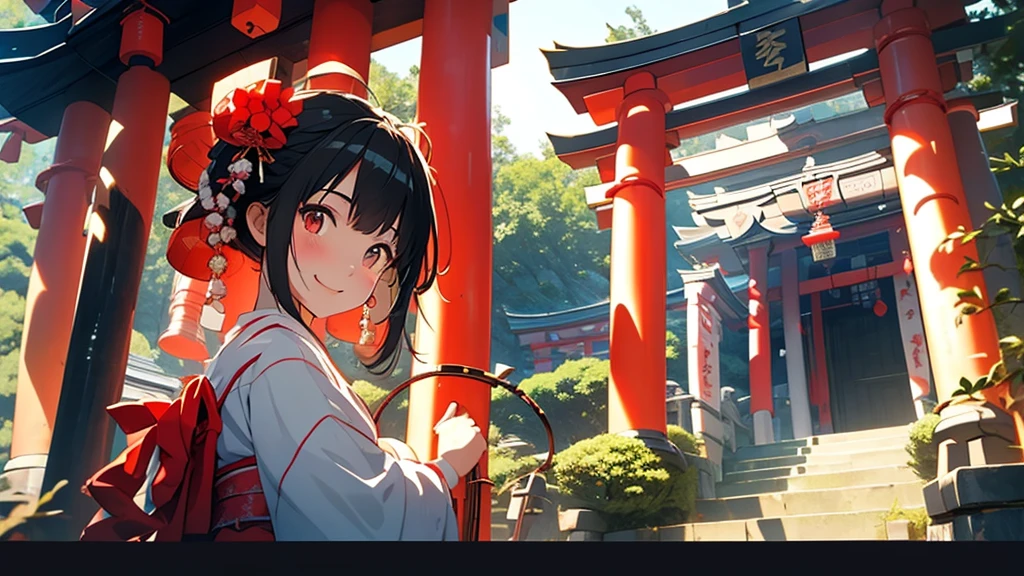 A quiet Japanese shrine maiden holding a bow and arrow smiling at the camera in front of the temple,Anime style