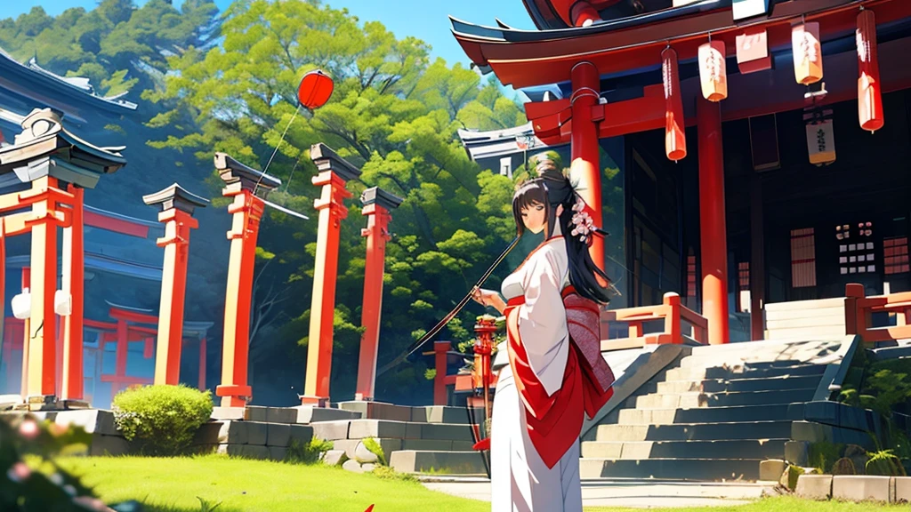A quiet Japanese shrine maiden holding a bow and arrow smiling at the camera in front of the temple,Anime style