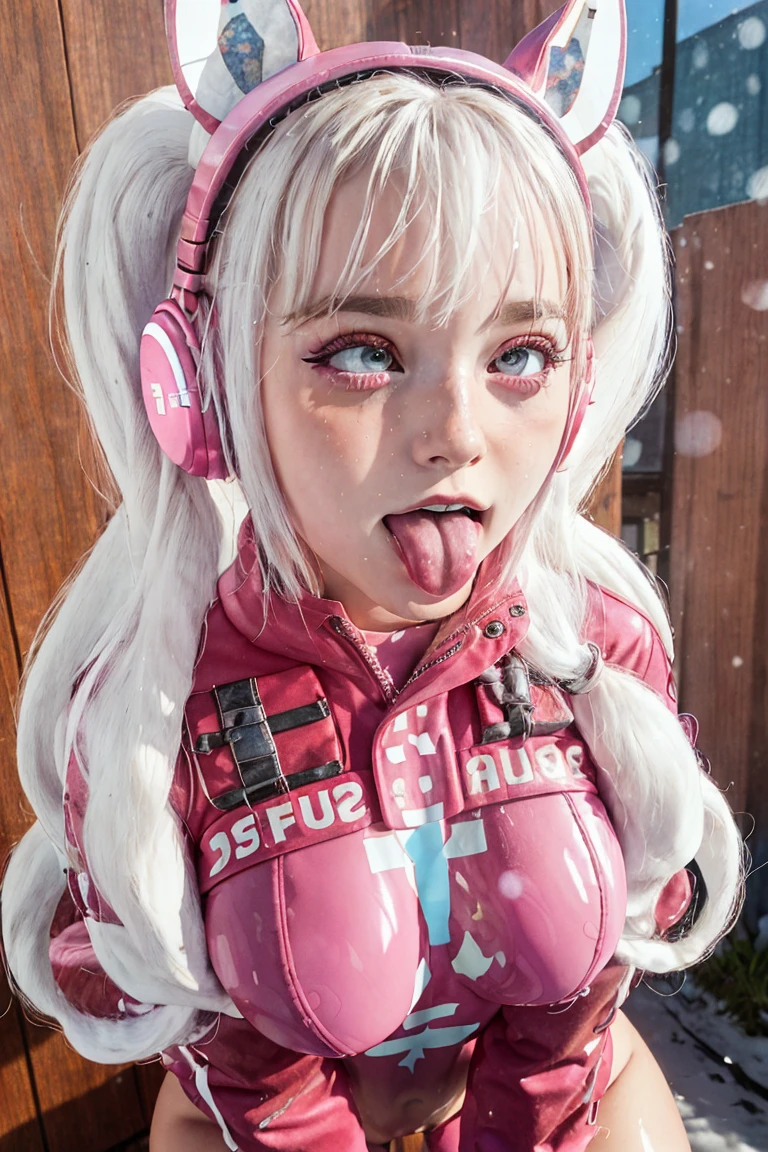 (photo and gross, Best Quality, Masterpiece:1.2), (realist, photo-realist:1.4),(Masterpiece:1.4),(Best Quality:1.4),1 girl, Alone, :d, animal ear headphones, animal ears, arms up, hits, blush, bodysuit, old, Bunny Pose, clothing writing, covered navel, cowboy shot, cropped Jacket, fake animal ears, gloves, outdoor,tomorrow,snow, hair intakes, headphones, impossible bodysuit, impossible clothes, Jacket, large old, latex, latex bodysuit, wide, long sleeves, looking at the viewer, large old, multicolored gloves, Open mouth, pink bodysuit, pink eyes, red eyes, red Jacket, bright clothes, Shrug \(Clothes\), sidelocks, tight skin, SMILE, thigh gap, Thighs, two tails, very wide, white gloves, by white,Alicia \(assent\),(shiny skin),realist,