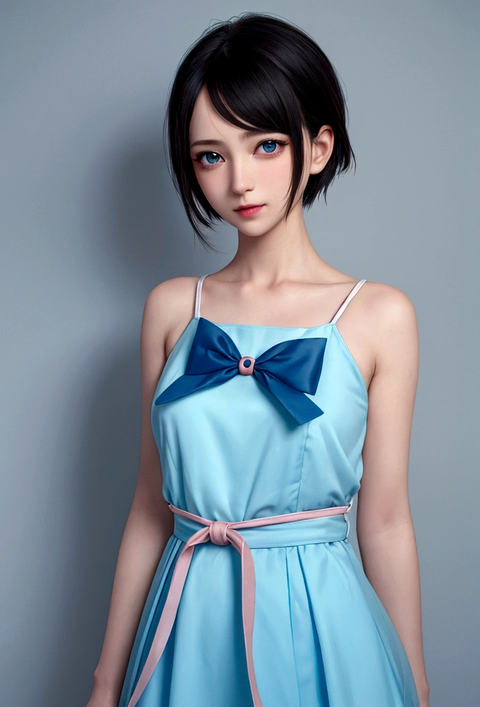 masterpiece, best quality, mackerel, serena (Pokemon), Short hair, blue eyes, 1 woman, alone, blue ribbon, Eyelashes, neck ribbon, sleeveless, forehead, clavicle, bare arms, pink dress , red coat, white background, front, There is no scenery, looking at viewer,upper body, facing the viewer, solid color background, clean background, towards the camera, high resolution, Expressionless calm face, white background, looking far away, simple_background,sex