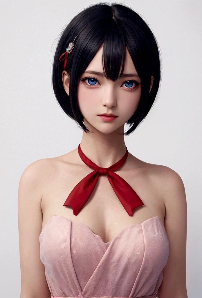 masterpiece, best quality, mackerel, serena (Pokemon), Short hair, blue eyes, 1 woman, alone, blue ribbon, Eyelashes, neck ribbon, sleeveless, forehead, clavicle, bare arms, pink dress , red coat, white background, front, There is no scenery, looking at viewer,upper body, facing the viewer, solid color background, clean background, towards the camera, high resolution, Expressionless calm face, white background, looking far away, simple_background,sex
