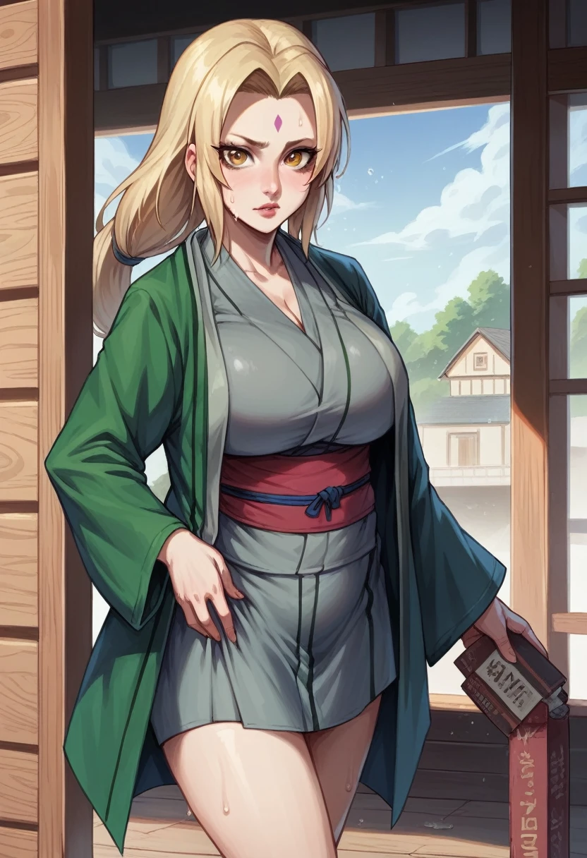 1girl, tsunade, yellow hair, yellow eyes, clothes green, realistic, ultra detail, hyper huge pregnant, hyper huge baby bump, hyper huge belly, huge boops, huge breast, huge ass, huge butt, creampie, hyper creampie, wet sweat,