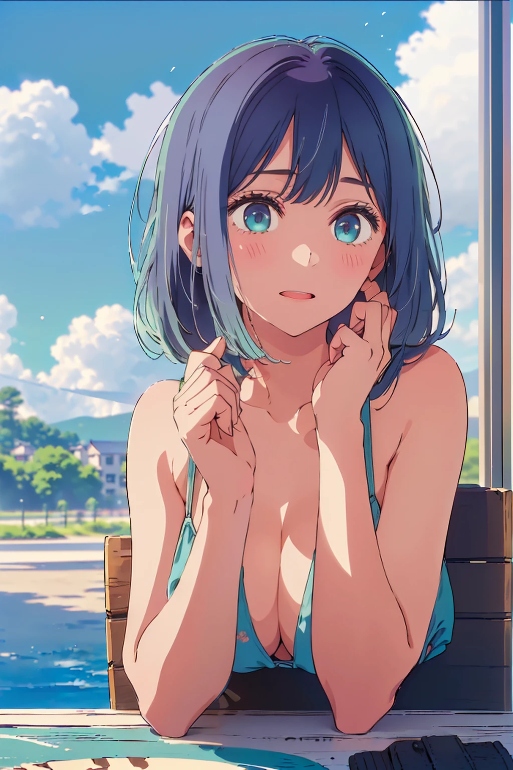 (Highest quality:1.4、masterpiece:1.4、Super detailed:1.4、8K:1.4)、F cup bust、Big Breasts、Slim body、((((1 person、Surprised expression、sit、Chair、In the background are the urban buildings of Tokyo、looking at the camera、Outdoor café terrace、coastal、Navy hair color、juice、table、Shooting up close、Very cute face))))、(Pose of putting hair behind ears with hands:1.4、Cheek resting on hand:1.4)、((nude、Areola、bikini))、Very blue sky、A completely cloudless sky、Big eyes、((((Shallow depth of field、sunny place))))、Pink Lips