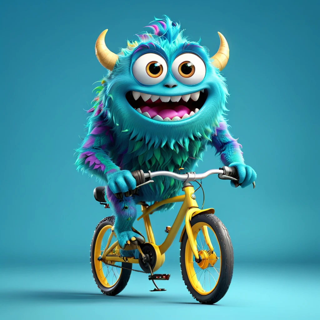 Cute monster transformed into a bicycle, with big eyes and a happy expression, pedaling along. Pixar animation style, vibrant colors, C4D software. --ar 1:1 --v 6.0 3D render
