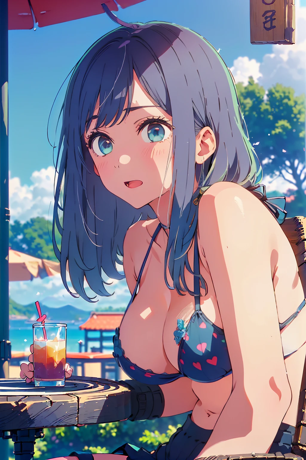 (Highest quality:1.4、masterpiece:1.4、Super detailed:1.4、8K:1.4)、F cup bust、Big Breasts、Slim body、((((1 person、Surprised expression、sit、Chair、In the background are the urban buildings of Tokyo、looking at the camera、Outdoor café terrace、coastal、Navy hair color、juice、table、Shooting up close、Very cute face))))、(Pose of putting hair behind ears with hands:1.4、Cheek resting on hand:1.4)、((nude、Areola、bikini))、Very blue sky、A completely cloudless sky、Big eyes、((((Shallow depth of field))))、Pink Lips、sunny place