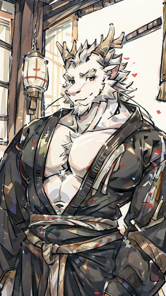 (white eastern dragon),furry,white mustache,big pecs,hearty males,muscular,black imperial robe,naked,adult,traditional_chinese_room，head portrait