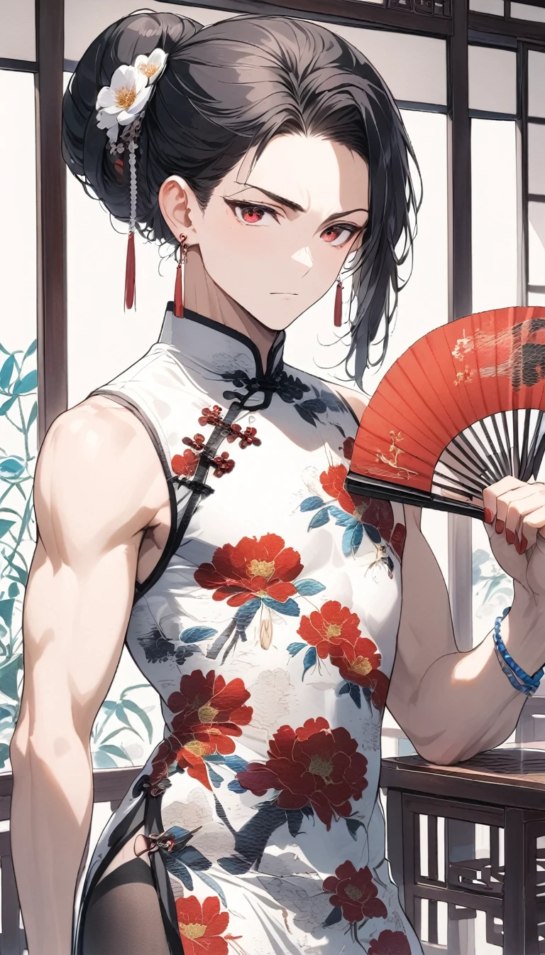 1man,(mature male),cool face,35 year old,red eyes,tsurime eyes,long eyelashes,flat_chest,seductive smile,Chinese-style clothing,Chinese dress,Chinese qipao,floral print print,standing,black hair,very long hair,long bangs,updo,jewelry,chinese clothes,print dress,sleeveless,hand fan,legs_apart,bulge,looking at viewer,indoor,(teahouse),earrings,red nails,holding,bracelet,solo,holding fan,hair ornament,