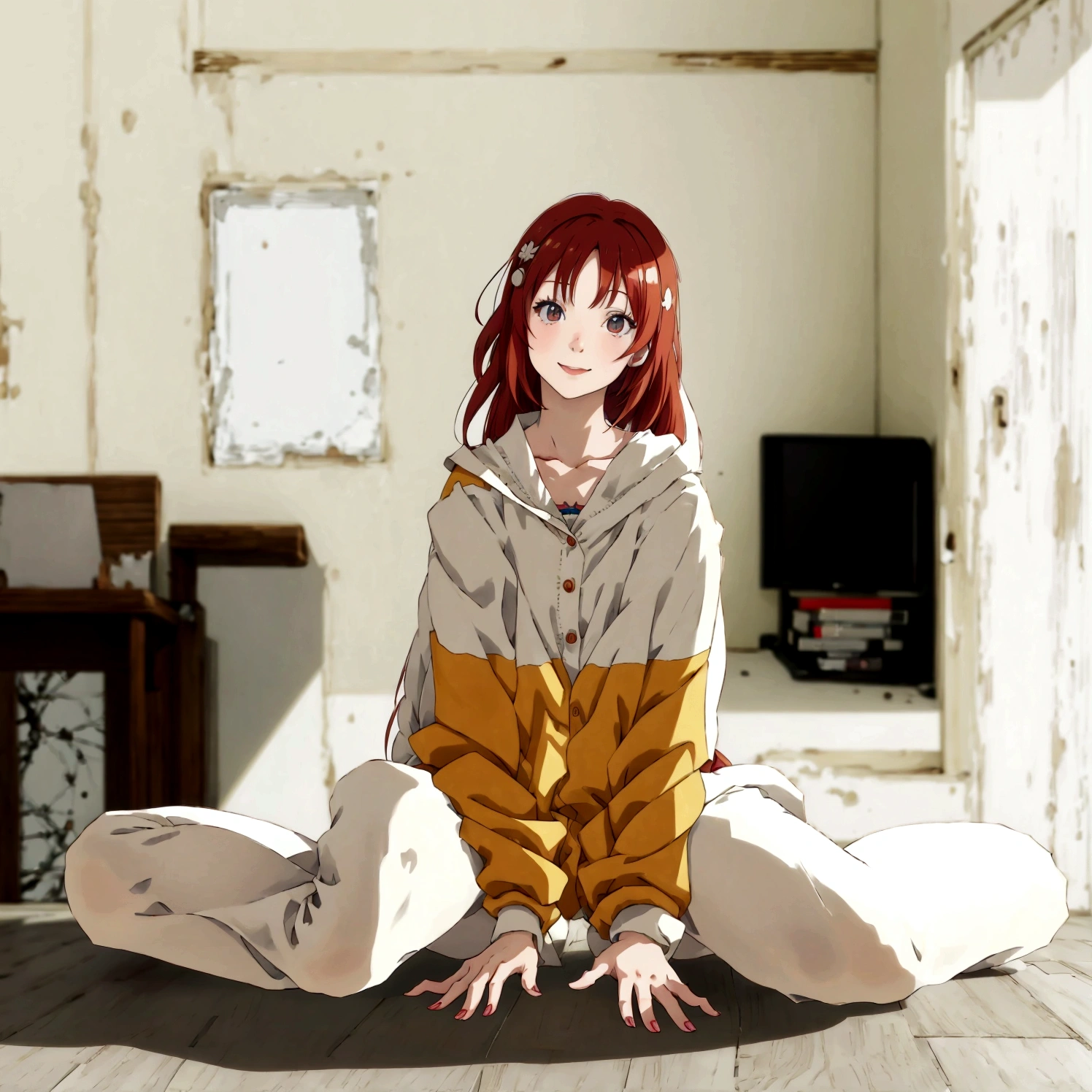 smile、anime - style image of a woman sitting on the floor in a living room, the anime girl is crouching, realistic anime 3 d style, 3 d anime realistic, anime styled 3d, 3d anime girl, made with anime painter studio, 3 d anime, sayori, 3d anime, asuka suit under clothes!, pixiv 3dcg