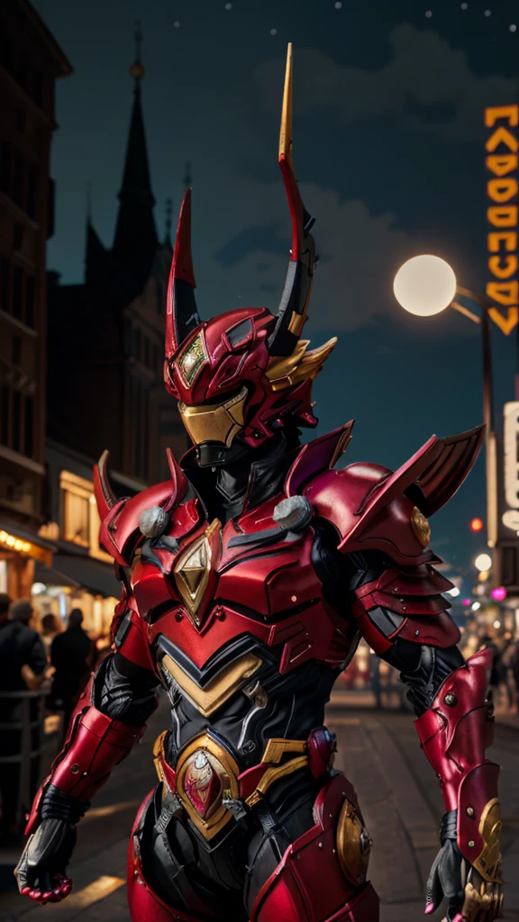 A man in fantasy-style full body armor, A fully enclosed helmet inspired by the Vajrayaksa, Composite Layered Chest Plate, Fully covered shoulder and hand guards, Lightweight waist armor, Close-fitting shin guards, The overall design is sturdy yet flexible, ((The armor is red, Black is an accent)), Gives off a noble aura, This character is、It embodies a hero wearing fantasy surreal style armor elaborately crafted in anime style.。, Exquisite and mature cartoon art style, (Bat Concept Armor, Realistic:1.4, Realistic textured materials:1.2, Professional photos, Cinematic), ((City night view, element, energy, elegant, goddess, woman:1.5)), metallic, High resolution, Highest quality, High resolution, Super detailed, Ultra-fine painting, Very delicate, Anatomically correct, Symmetrical face, Highly detailed eyes and face, High quality eyes, creativity, RAW Photos, 超High resolution, 32k, Natural light, Cinematic lighting, masterpiece-anatomy-perfect, masterpiece:1.5