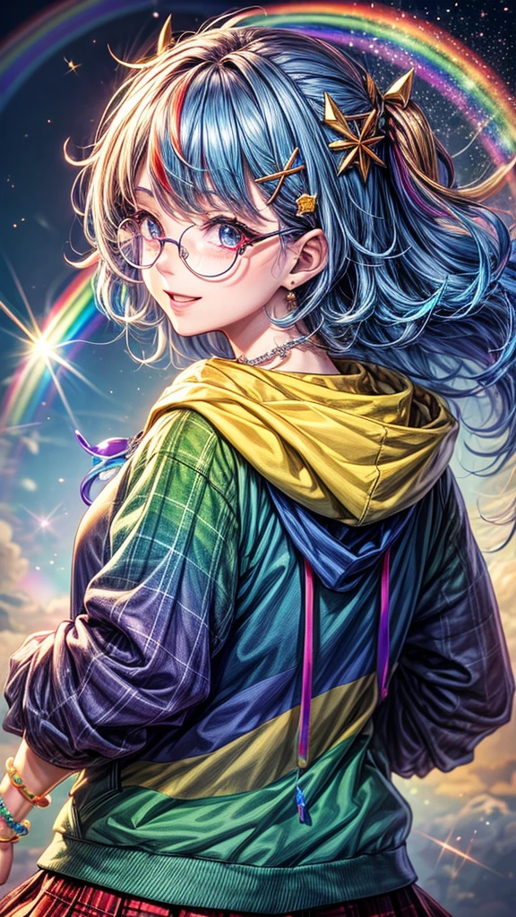 ((Worst quality, low quality)), Tabletop, Highest quality, Ultra-detailed,masterpiece, (Background of a big rainbow in the blue sky), (close: 1.3), (Face Focus: 1.4), (Gal:1.2), ((Big Breasts)), (((Recall))), (Cute pose:1.2),(uniform: 1.2), (Wear a rainbow colored oversized zip hoodie on top: 1.4), (A fitted white collared shirt: 1.3), (Red Plaid Pleated Skirt:1.3), Plump and Shiny Lips, Beautiful and clear eyes, (The best smile), Voice of the Heart, ((necklace,Colorful Bracelets,X Hair Ornament):1.2), (Rainbow frame under-rim glasses:1.4), ((Glow Rainbow)), (Rainbow particles, Rainbow Sparkles, rainbow rays:1.4),