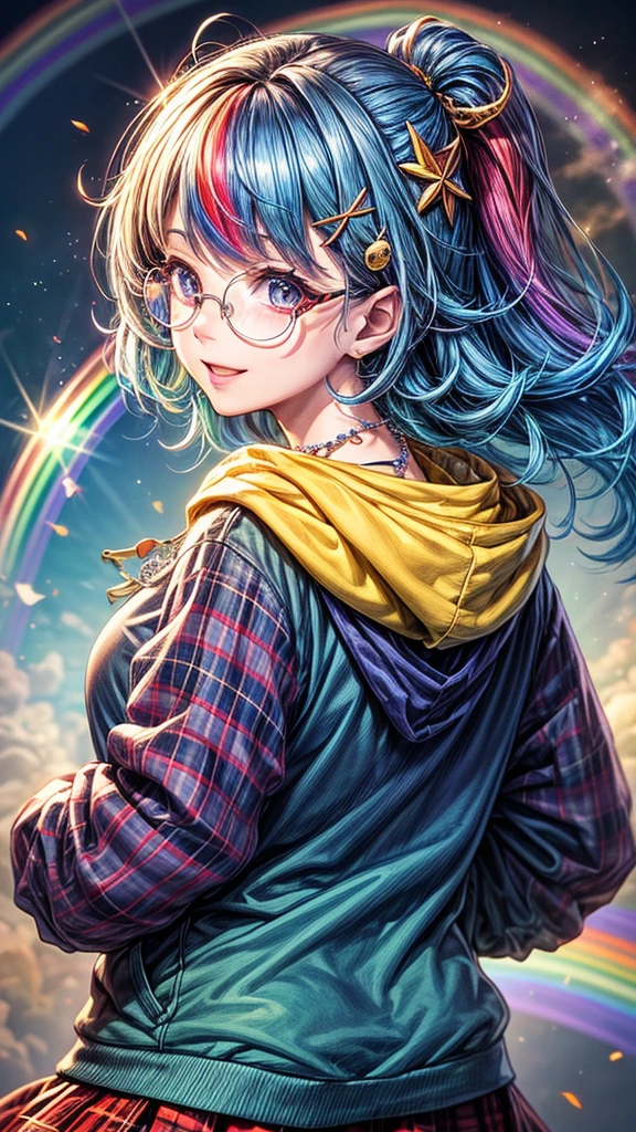 ((Worst quality, low quality)), Tabletop, Highest quality, Ultra-detailed,masterpiece, (Background of a big rainbow in the blue sky), (close: 1.3), (Face Focus: 1.4), (Gal:1.2), ((Big Breasts)), (((Recall))), (Cute pose:1.2),(uniform: 1.2), (Wear a rainbow colored oversized zip hoodie on top: 1.4), (A fitted white collared shirt: 1.3), (Red Plaid Pleated Skirt:1.3), Plump and Shiny Lips, Beautiful and clear eyes, (The best smile), Voice of the Heart, ((necklace,Colorful Bracelets,X Hair Ornament):1.2), (Rainbow frame under-rim glasses:1.4), ((Glow Rainbow)), (Rainbow particles, Rainbow Sparkles, rainbow rays:1.4),