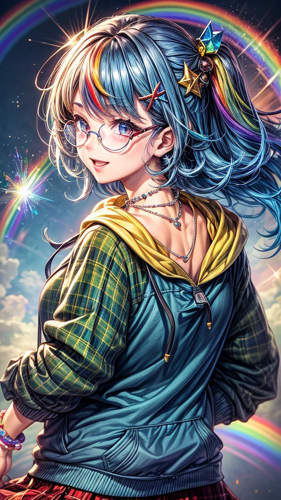 ((Worst quality, low quality)), Tabletop, Highest quality, Ultra-detailed,masterpiece, (Background of a big rainbow in the blue sky), (close: 1.3), (Face Focus: 1.4), (Gal:1.2), ((Big Breasts)), (((Recall))), (Cute pose:1.2),(uniform: 1.2), (Wear a rainbow colored oversized zip hoodie on top: 1.4), (A fitted white collared shirt: 1.3), (Red Plaid Pleated Skirt:1.3), Plump and Shiny Lips, Beautiful and clear eyes, (The best smile), Voice of the Heart, ((necklace,Colorful Bracelets,X Hair Ornament):1.2), (Rainbow frame under-rim glasses:1.4), ((Glow Rainbow)), (Rainbow particles, Rainbow Sparkles, rainbow rays:1.4),
