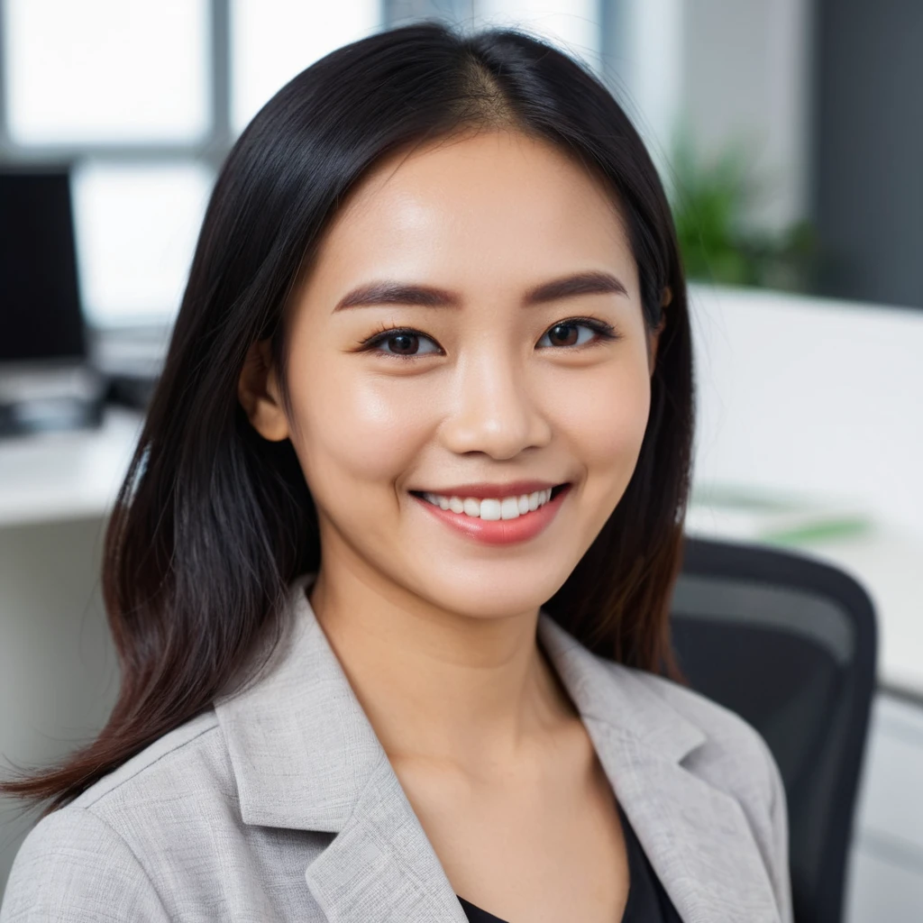 headshot photo of indonesian woman, smiling, looking at viewer, side view, office background