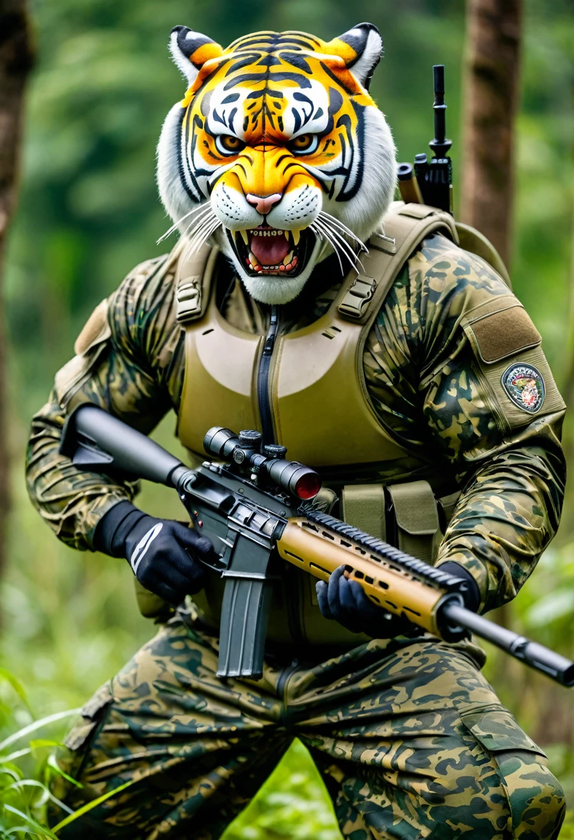 (a dark-skinned fat muscular old man in a bulky army camouflage zipper diver suit) shooting with sniper rifle and (wearing realistic roaring siberian tiger mask), muscular, Basuki Abdullah, sumatraism, action, a character portrait, heroic, fierce, snarling