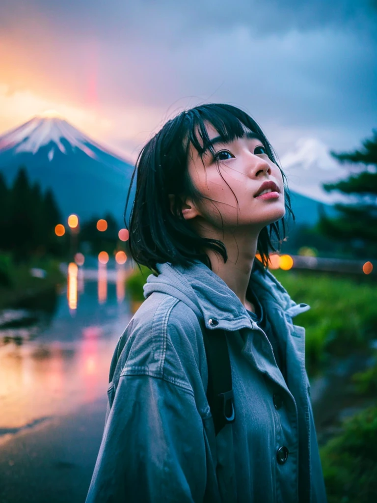 Wet roads ,drenched, Dripping, Wet Face,Wet clothes, Wet Skin, Wet Hair,A young woman with a cute face like a Japanese idol,Looking up at the rainy sky,chest,((Cinema Lighting),(Natural light),(High level of artistry),(Artistic),(Indistinguishable quality from the real thing),RAW Photos,Genuine,Genuine,High resolution,RAW Photos,masterpiece, beautiful,Mt. Fuji can be seen in the distance