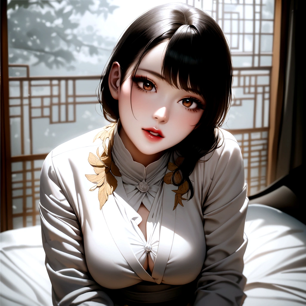 there is a woman sitting on a bed with a white shirt, gorgeous young korean woman, beautiful south korean woman, beautiful young korean woman, clothed in white shirt, korean girl, beautiful asian girl, elegant japanese woman, korean woman, beautiful asian woman, japanese goddess, japanese model, realistic young gravure idol, beautiful japanese girls face, wearing white shirt