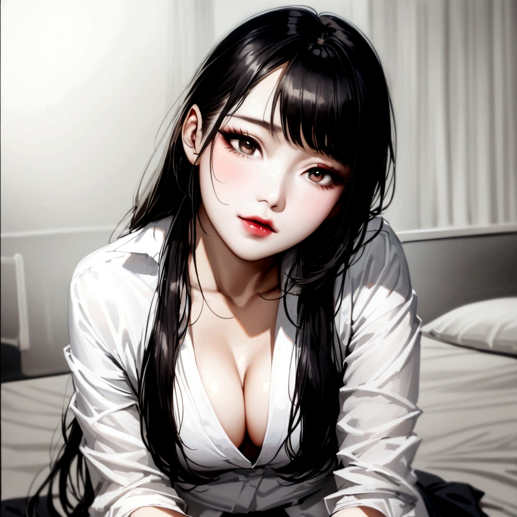 there is a woman sitting on a bed with a white shirt, gorgeous young korean woman, beautiful south korean woman, beautiful young korean woman, clothed in white shirt, korean girl, beautiful asian girl, elegant japanese woman, korean woman, beautiful asian woman, japanese goddess, japanese model, realistic young gravure idol, beautiful japanese girls face, wearing white shirt