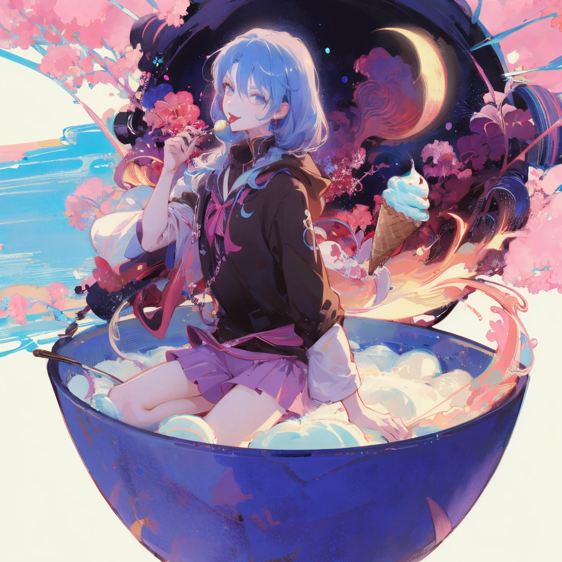 Anime boy with blue eyes eating ice cream in a bowl, Trending on ArtStation pixiv, 4 k manga wallpaper, zerochan art, guweiz on pixiv artstation, icey, digital art on pixiv, anime art wallpaper 4k, anime art wallpaper 4k, by Yuumei, pixiv trending, 4k anime wallpaper、Sticking out your tongue and smiling、Rin々Eyebrows
