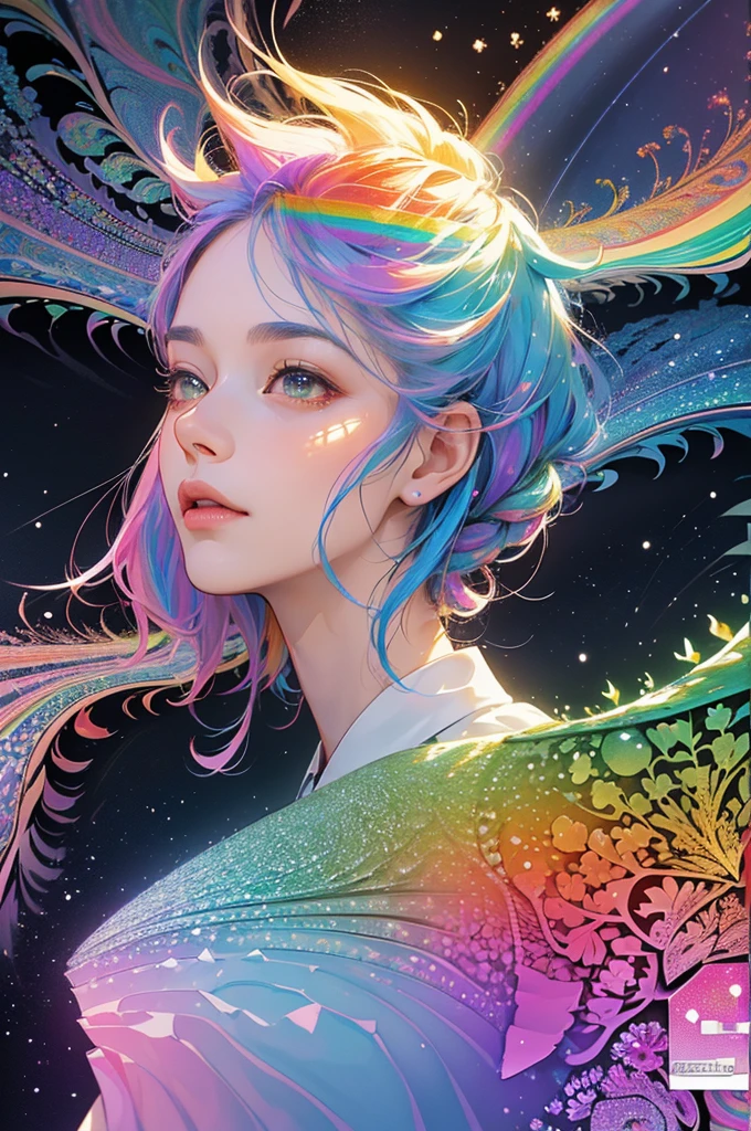 (masterpiece, Highest quality, Highest quality, beautifully、aesthetic:1.2)、Frontal face:1.5, (A woman facing forward), Very detailed,(Fractal Art:1.5),{{Rainbow Hair}},colorful, Most detailed, Perfect Face, Upper Body, High resolution, Milky Way, (Particles of light),colorfulなParticles of lightが周囲を囲む, Sparkling、(Dynamic stripes, Rainbow Trail:1.2), Vibrant colors,{{Watching the audience:2}}、The crystals shine
