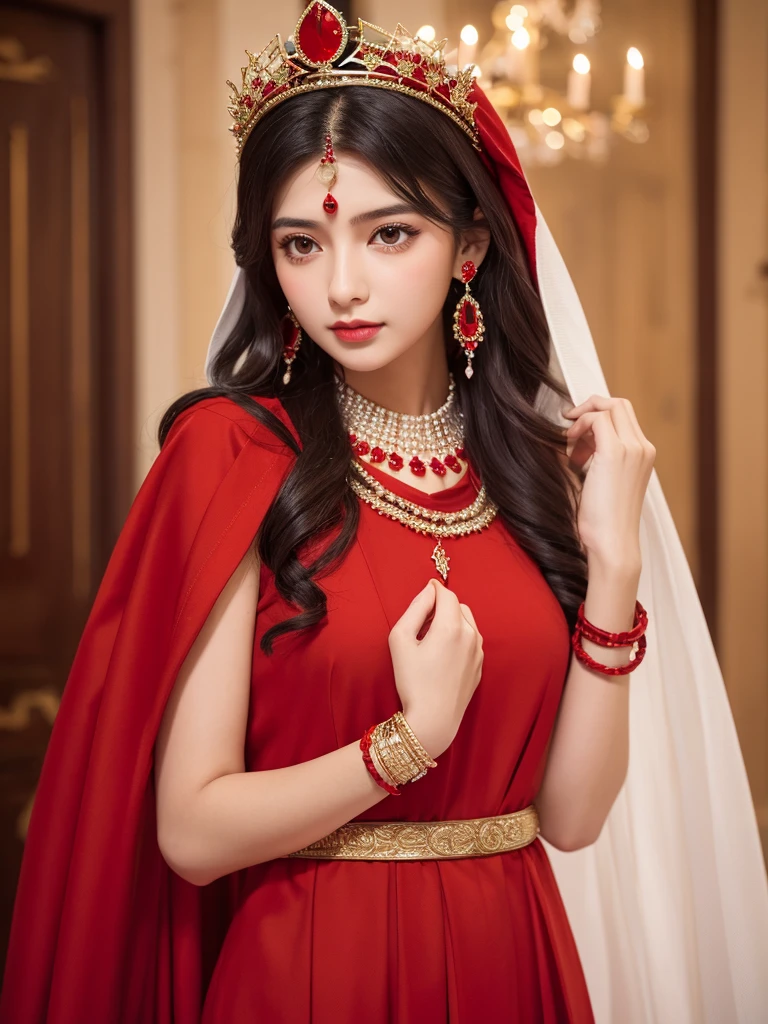 、Highest quality , sexy, Ultra-high resolution, RAW Photos, girl, indoor, White skin, Long Hair ,whole body,Black Hair、Red color clothes、Kuwaiti national costume、Red color crown、red necklace、Red wrist ornament、Red earrings、