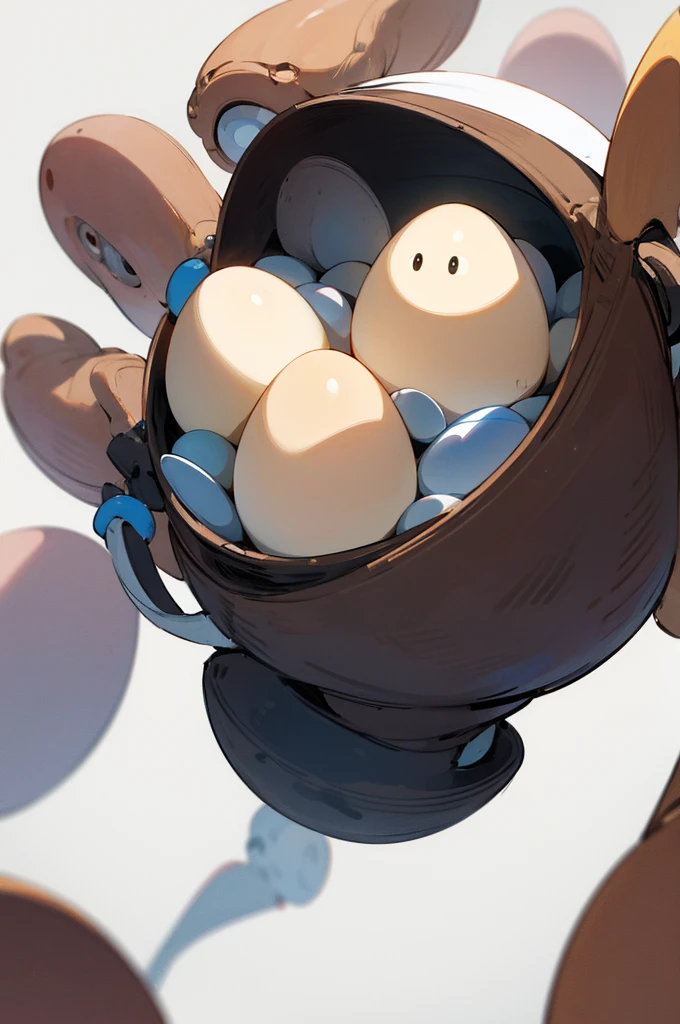 Egg with 2 human arms, 2 human legs, and a human face on a white background