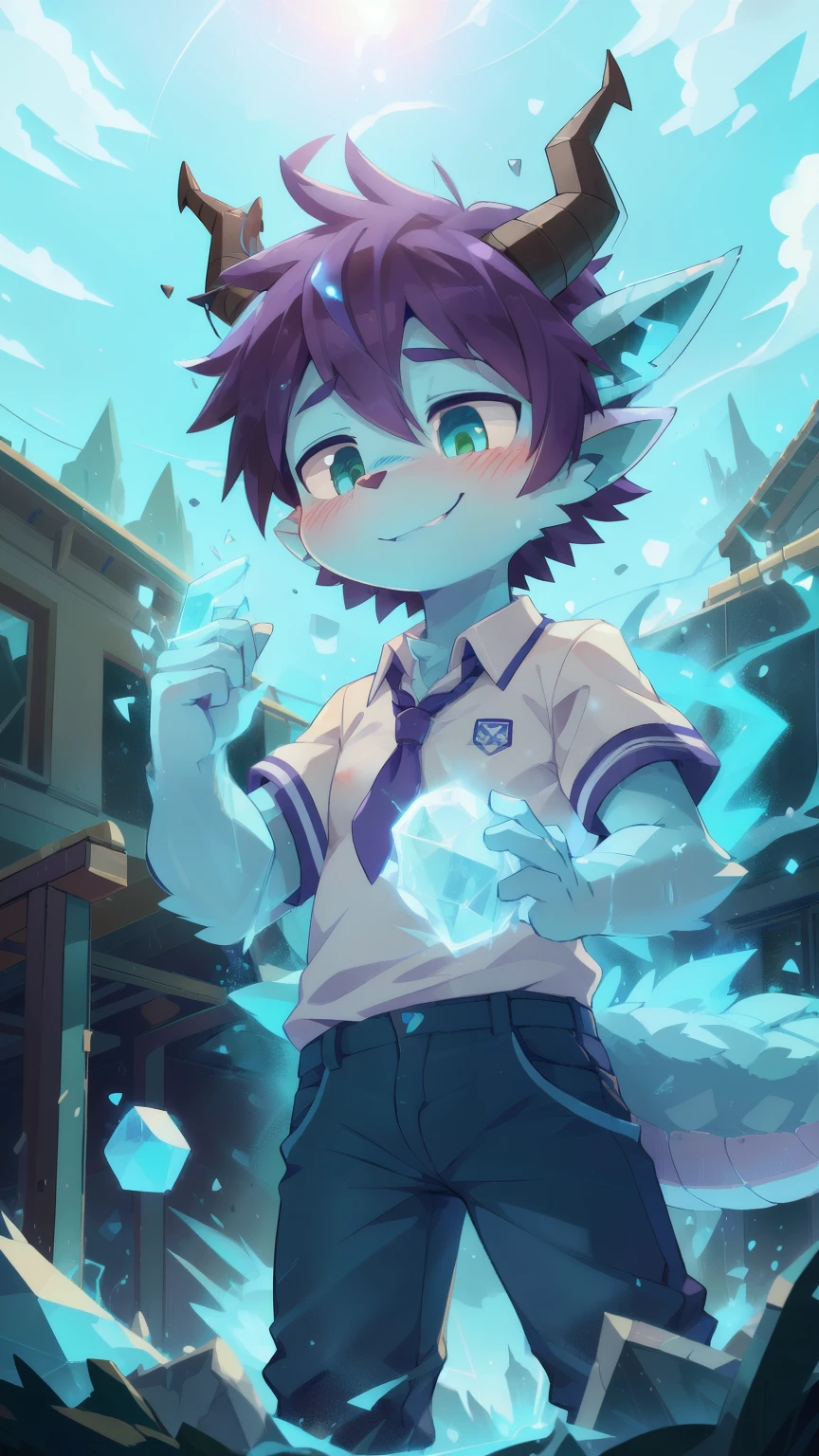 score_9,score_8_up,score_7_up, source_cartoon, source_furry, dragon boy, horns, green eyes, tail, purple hair, shota, , furry, blush, dragon tail, looking at viewer, smile, 1boy, dragon horns, pointy ears, , short hair, furry male, two tone body fur, blue body fur, clear blue body fur, ((school uniform, school shirt, blue pants)), school, clear sky, standing, low angle, straddle view, hand palm with magic blue fire, magic effect, magic particles, ice magic, water creation, magic fight,