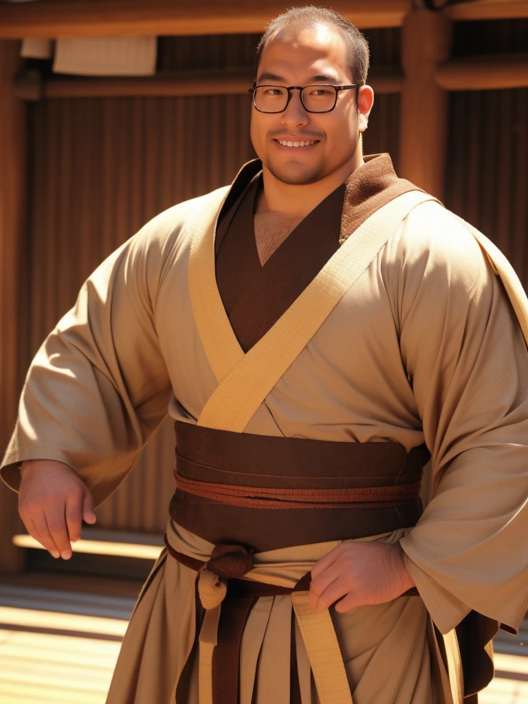 crew cut, (((full body))), mature man, [slightly fat], asian man, brown eyes, rounded face, glasses, slightly balding, (big shoulders), (((stubbles, Short beard))), (((full beard))), (Beautiful eyes:1.3), (Detailed face:1.3), lip smile, kendo outfit, wooden sword, practice swordmanship, in a dojo, 