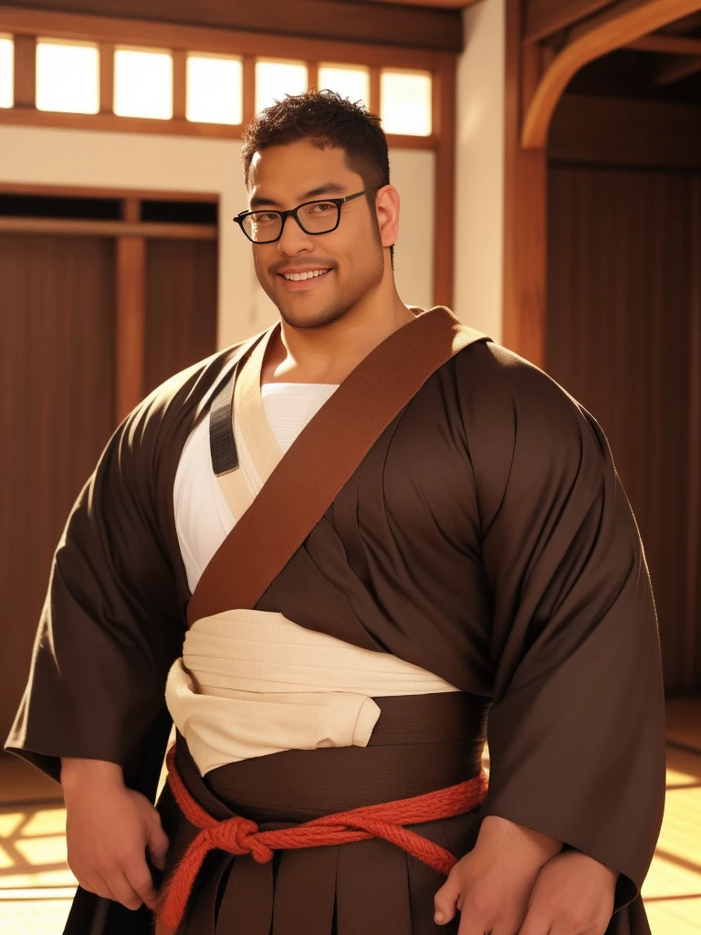 crew cut, (((full body))), mature man, [slightly fat], asian man, brown eyes, rounded face, glasses, slightly balding, (big shoulders), (((stubbles, Short beard))), (((full beard))), (Beautiful eyes:1.3), (Detailed face:1.3), lip smile, kendo outfit, wooden sword, practice swordmanship, in a dojo, 