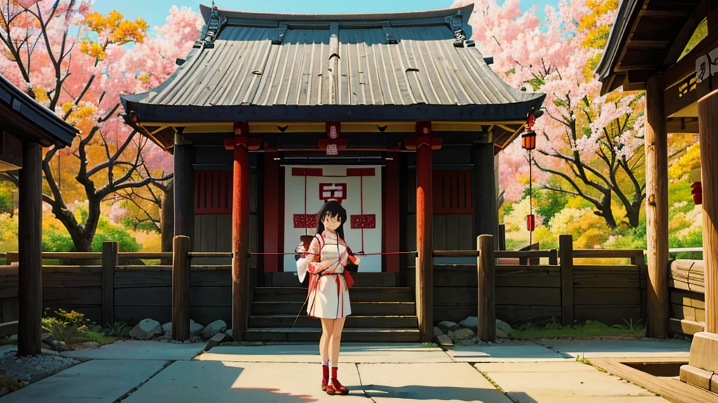A quiet Japanese shrine maiden holding a bow and arrow smiling at the camera in front of the temple,Anime style
