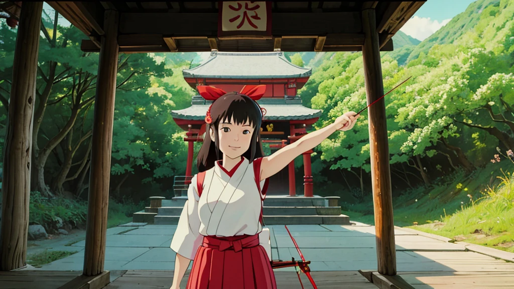 A quiet Japanese shrine maiden holding a bow and arrow smiling at the camera in front of the temple,Anime style