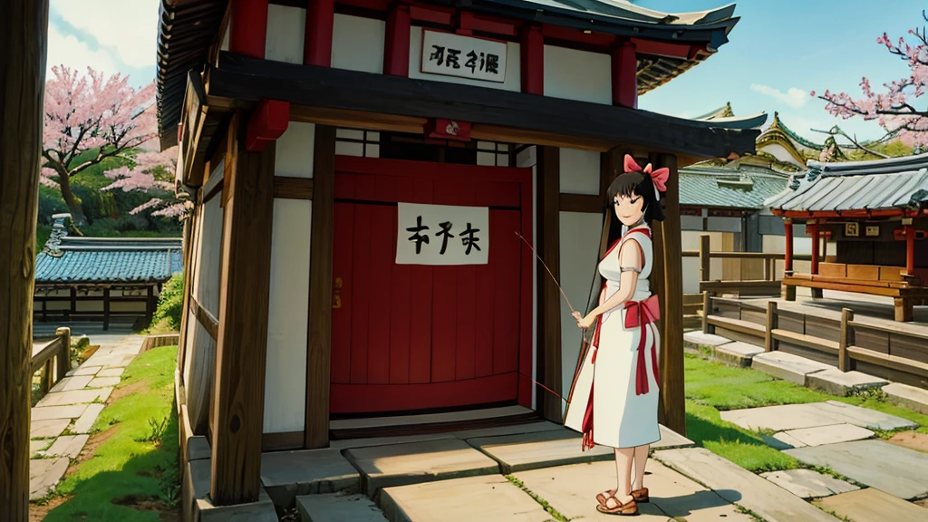 A quiet Japanese shrine maiden holding a bow and arrow smiling at the camera in front of the temple,Anime style