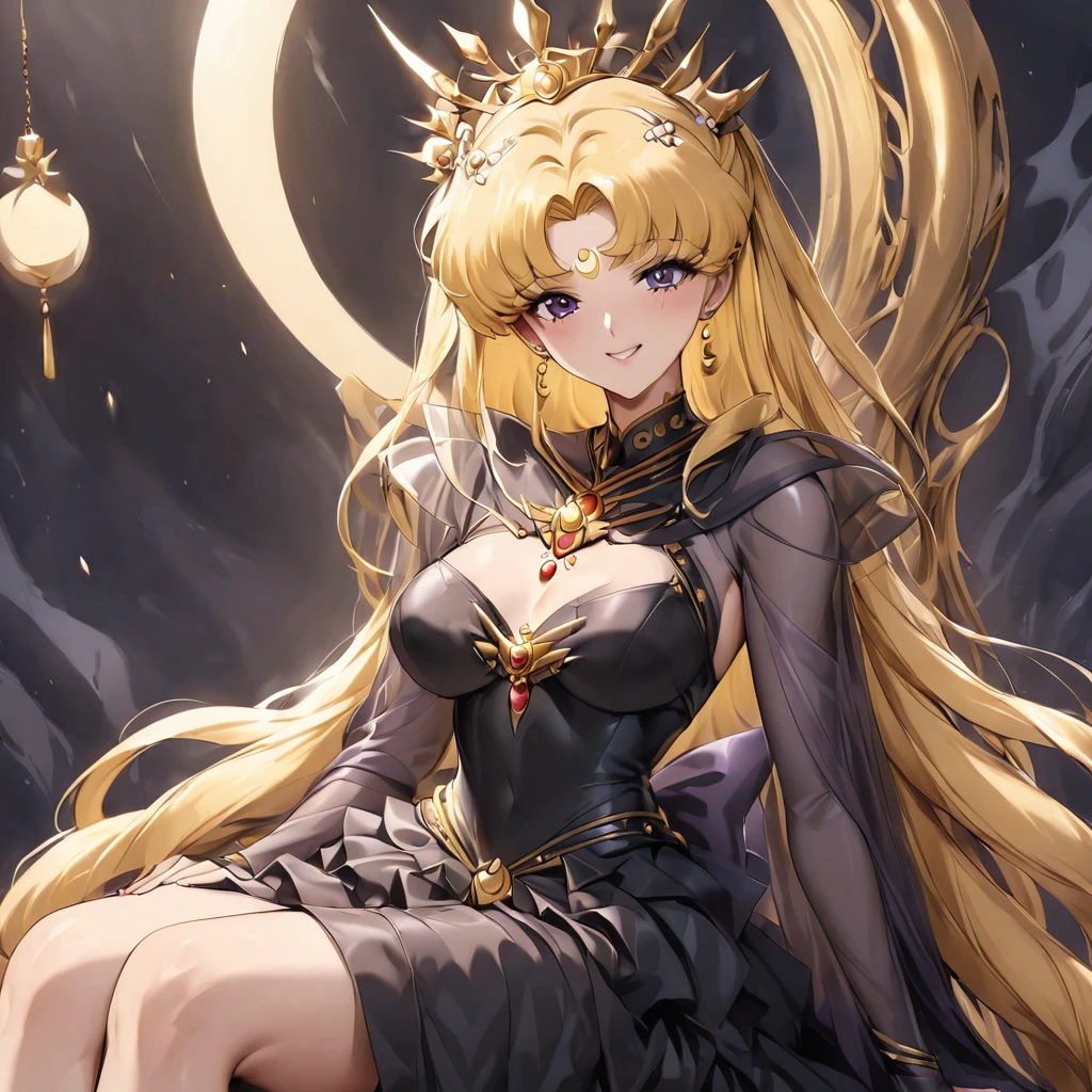 ((Highest quality)), ((masterpiece)), (detailed), (Perfect Face)、Black moon mark on forehead、The woman is Black Serenity, the noble dark queen of the Black Moon clan and has blonde hair.2The woman with long hair tied in a knot is Princess Serenity, sitting on a large throne, hugging and kissing the King of Darkness.、The woman has a black inverted crescent moon mark on her forehead, a gorgeous and glittering black gothic Victorian dress, a black veil and a black see-through cape, and is wearing luxurious jeweled accessories. She is the Queen of Darkness, the jet-black Princess Serenity, looking at the camera with a happy expression, and has the expression of a maiden in love.