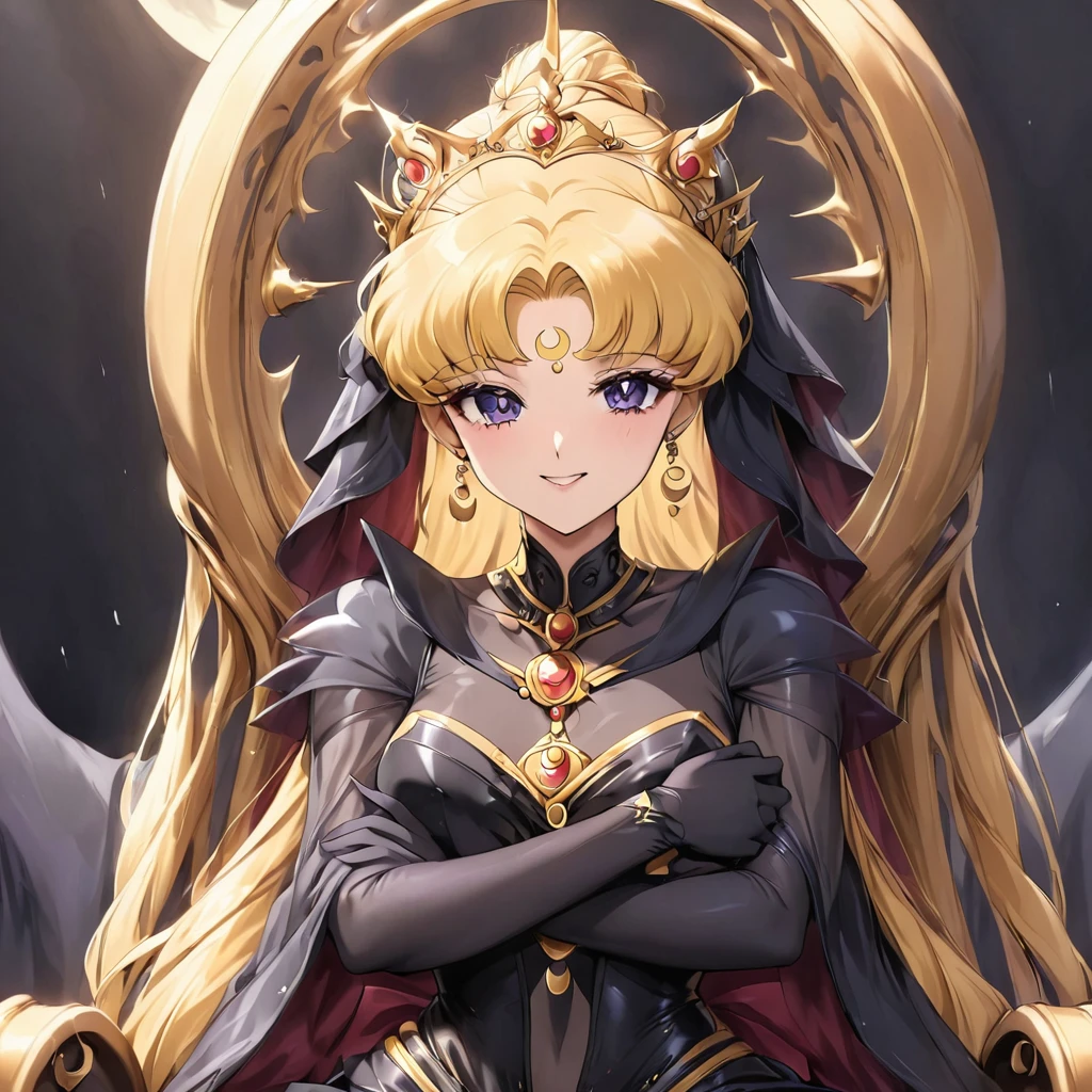 ((Highest quality)), ((masterpiece)), (detailed), (Perfect Face)、Black moon mark on forehead、The woman is Black Serenity, the noble dark queen of the Black Moon clan and has blonde hair.2The woman with long hair tied in a knot is Princess Serenity, sitting on a large throne, hugging and kissing the King of Darkness.、The woman has a black inverted crescent moon mark on her forehead, a gorgeous and glittering black gothic Victorian dress, a black veil and a black see-through cape, and is wearing luxurious jeweled accessories. She is the Queen of Darkness, the jet-black Princess Serenity, looking at the camera with a happy expression, and has the expression of a maiden in love.