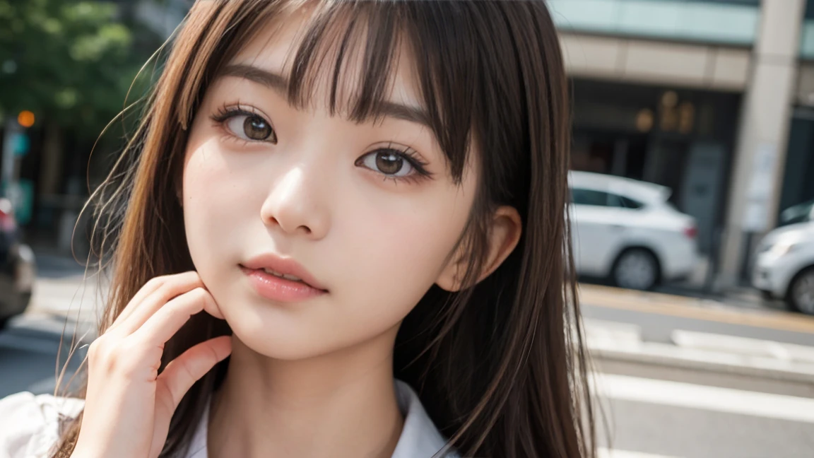beautiful Japanese woman,double eyelid,clear skin,round face,long face,Swept bangs,in the tokyo,short by DSLR,Adoravle 18 years old,head shot,from front,long hair
