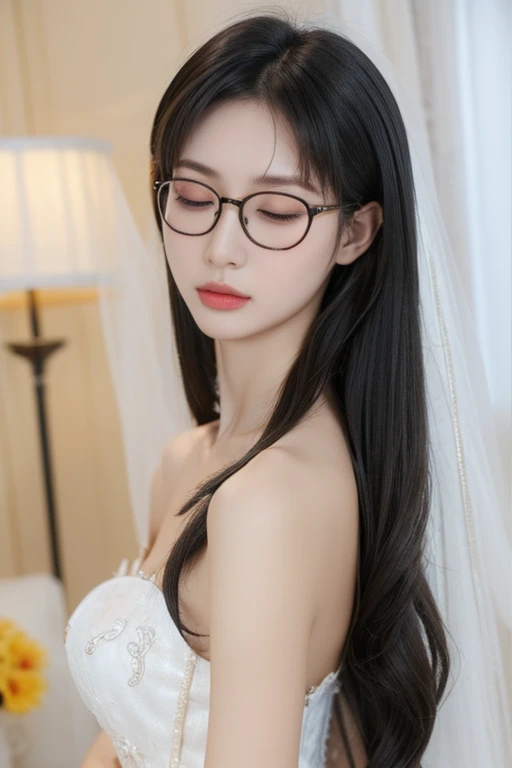 Highest quality、masterpiece、High sensitivity、High resolution、Detailed Description、Slender women、Slim Body、Glasses、Eyes closed、Let&#39;s kiss、Our lips are just a few centimetres apart、

