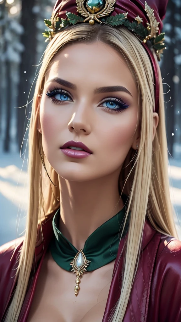 a beautiful empress, mid body shot, blonde hair, perfect blue eyes, with a brilliant, impossible striking big Christmas headpiece, clothes Santa robes, everything Christmas, snow, symmetrical, dramatic studio lighting, rococo, baroque, greens, asian, hyperrealism, closeup, D&D, fantasy, intricate, elegant, highly detailed, digital painting, artstation, octane render, 8k, concept art, matte, sharp focus