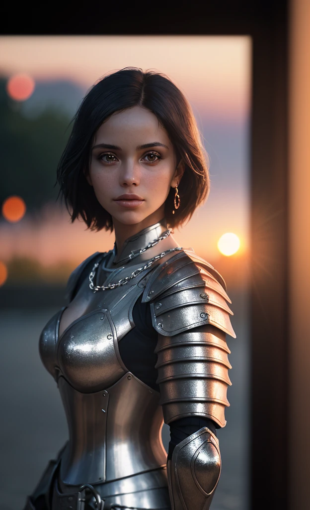 (masterpiece), (Extremely complex:1.3), (Practical), Portrait of a girl, The most beautiful in the world, (Medieval Armor), Metal Reflection, Upper Body, outdoor, Strong sunlight, Distant Castle, Professional photo of stunning woman detailed, Clear focus, dramatic, The award-winning, light, Octane rendering Unreal Engine, Volume measurement dtx, (Film Grain, Blurred background, Blurred foreground, Bokeh, Depth of Field, Sunset, Motion Blur:1.3), Chain Mail