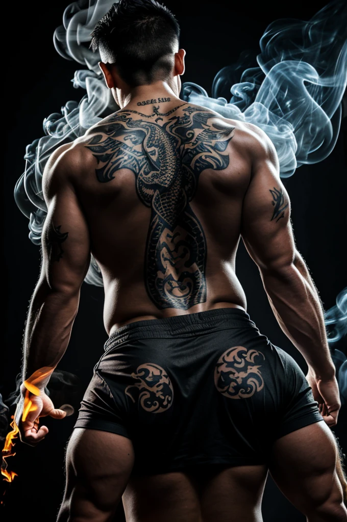 Back man with dragon tattoos and black background with smoke