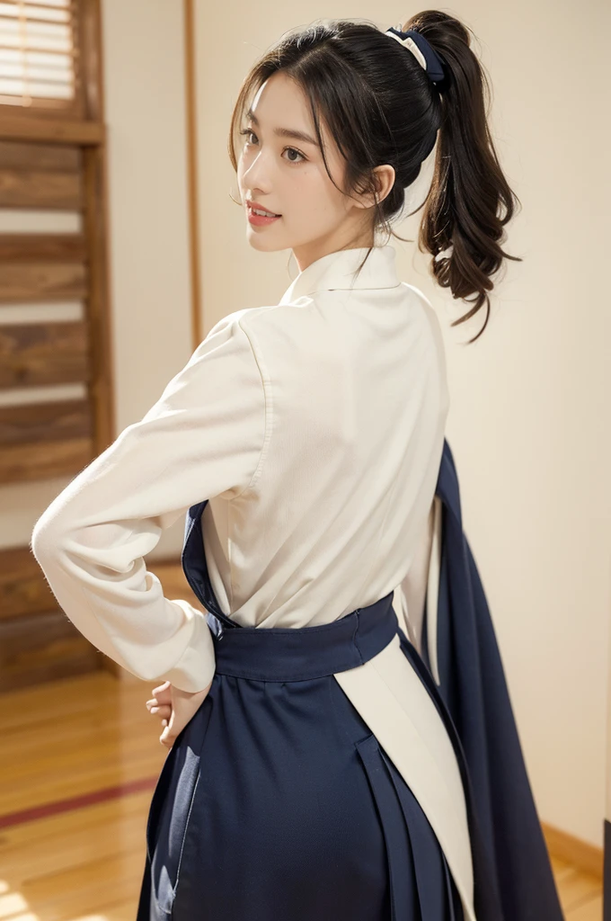 (((best quality))),(((ultra detailed))),(((masterpiece))),illustration,1girl,solo,short ponytail,slim,thin,((towering hips,butt crack)),white collar,white kendogi,three-quarter sleeves,maxi navy-blue kendo hakama,standing in kendo gym,focused and determined expression,ready for challenge,slender and elegant face,confident and resilient,fair skin,blush,neat teeth,bright smile,clean and tidy uniform,wooden gym floor,wall,pine scent,standard grip,ready to slice through obstacles,strong belief,determination,spirit of resilience,admiring,((from back,upper body))