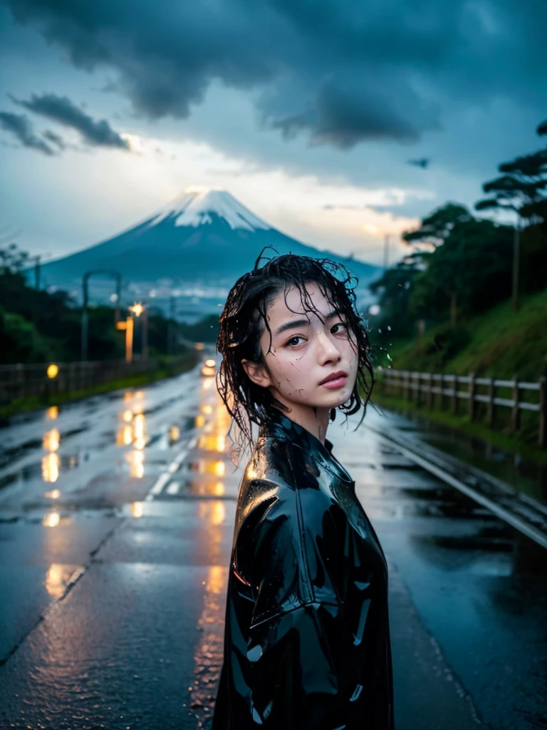 a young beautiful female japanese idol-like model with soaked wet face, wet hair, wet skin and clothes, standing on a wet road, looking up to the rainy sky, with exquisite cinematic lighting, natural lighting, high artistic quality, photorealistic, raw photo, masterpiece, beautiful, with mount fuji visible in the distance