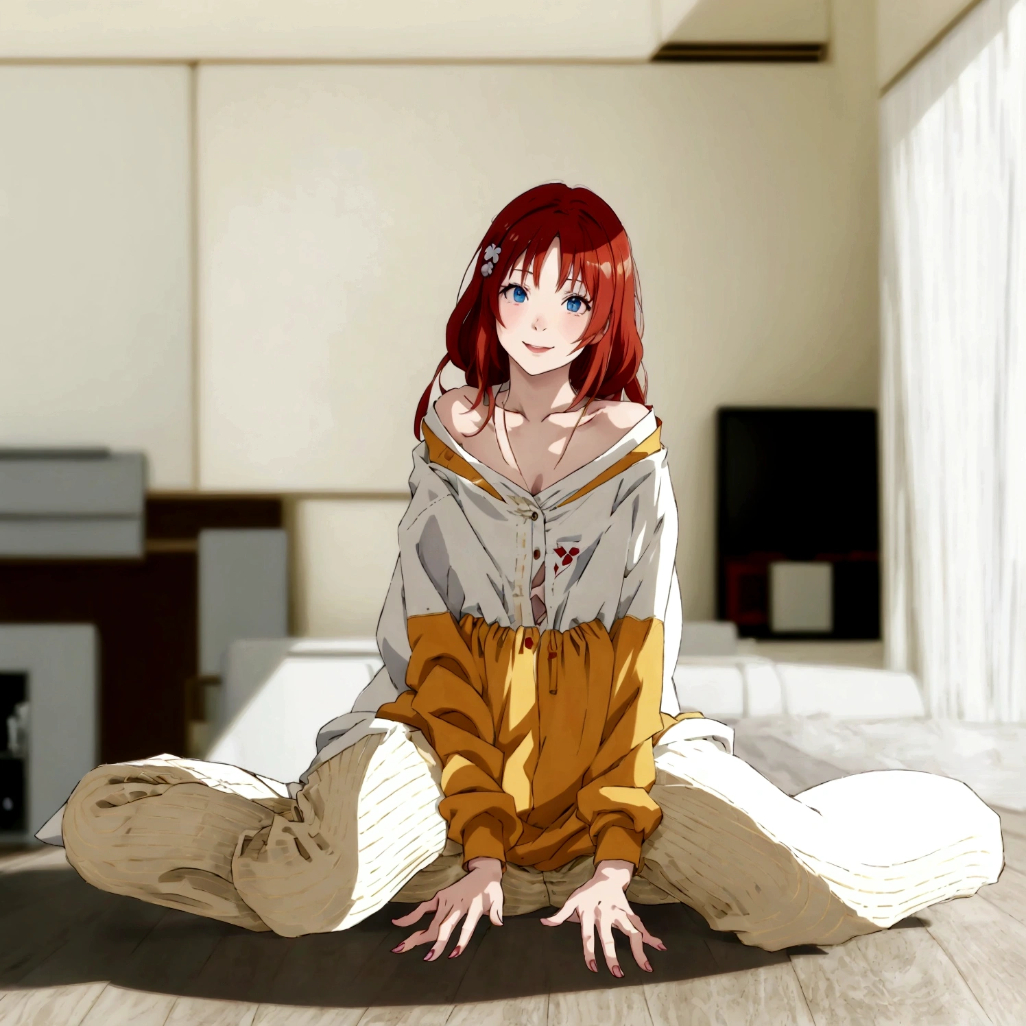 smile、anime - style image of a woman sitting on the floor in a living room, the anime girl is crouching, realistic anime 3 d style, 3 d anime realistic, anime styled 3d, 3d anime girl, made with anime painter studio, 3 d anime, sayori, 3d anime, asuka suit under clothes!, pixiv 3dcg