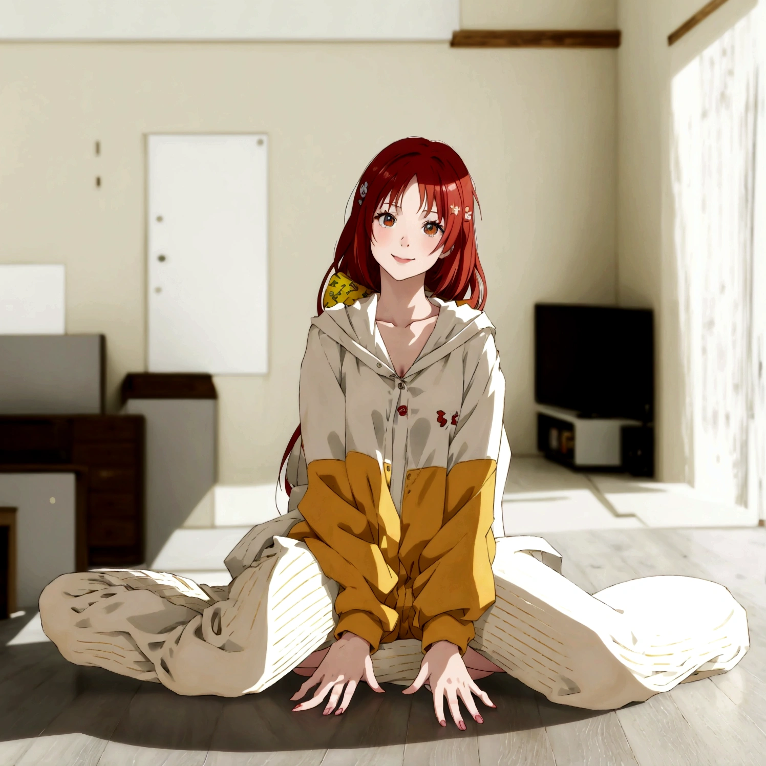 smile、anime - style image of a woman sitting on the floor in a living room, the anime girl is crouching, realistic anime 3 d style, 3 d anime realistic, anime styled 3d, 3d anime girl, made with anime painter studio, 3 d anime, sayori, 3d anime, asuka suit under clothes!, pixiv 3dcg