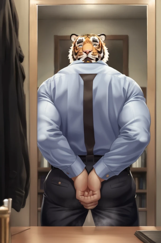 Author: bontiage, (1 boy), One, tiger, big bulge crotch, boner, pants, long sleeve plain shirt, necktie, Men's Second, kemono, hot body, muscle, Beautiful, sexual, Attractive guy, (Detailed black eyes), brows, (masterpiece, A high resolution, Best quality), 4K, a male, Beautiful shadow, (red cheek:1.5), (large wall-mounted mirror), (reflection is in the mirror:1.4), (in front of mirror), (facing the mirror), (looking the mirror), (from behind:1.5)