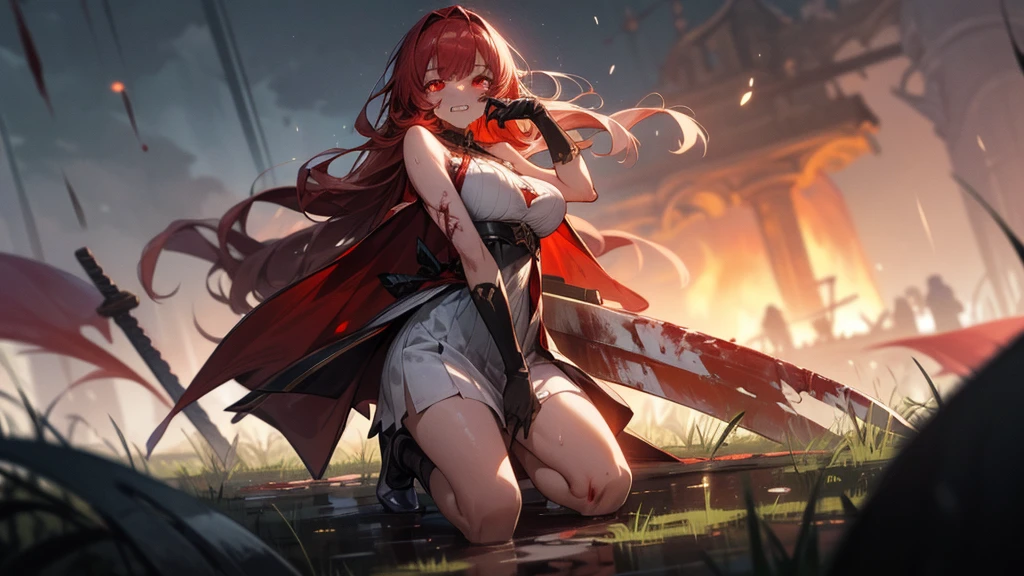 weird atmosphere, (best quality:1.1), (masterpiece:1.2), high quality shadow, beautiful detailed, (high detailed skin, skin details), (wide landscape, 8k), depth of field, highres, best illumination, (sexy), outdoors, blurry background, HD hair, beautiful face, perfect skin, red hair, long hair, (big breasts), blood particles, (night), sharp teeth, glowing red eyes, blood on face, blood on clothes, blood splashing, female knight kneel in the war fields, white dress, leavage, stocking, high heels, attack pose, close to viewer, gripping huge sword, heavy rain, in the grassland, foggy, wet body, wet hair, hair fluttering, bare shoulder, blue flame, long skirt