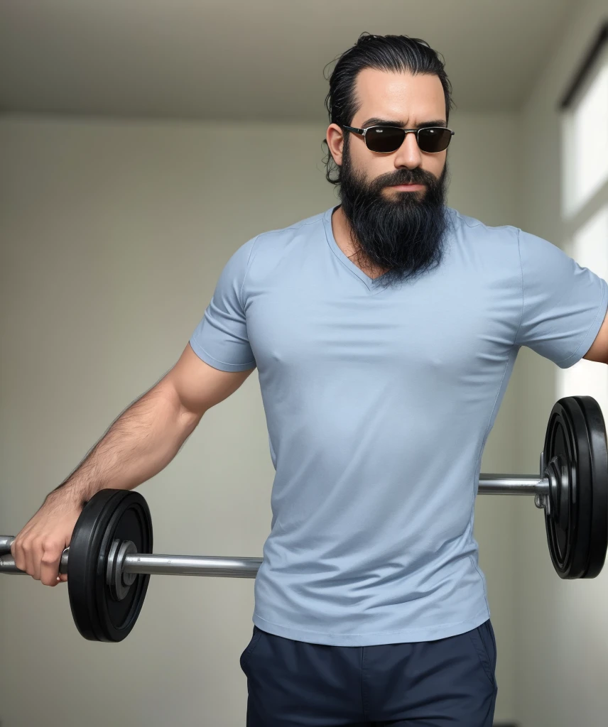 Upper part of the body, 38 year old man with beard and sunglasses.. Man wearing blue t-shirt and cap, Training with weights in the gym, very beautiful. super polished and cool, medium shot of a handsome man.